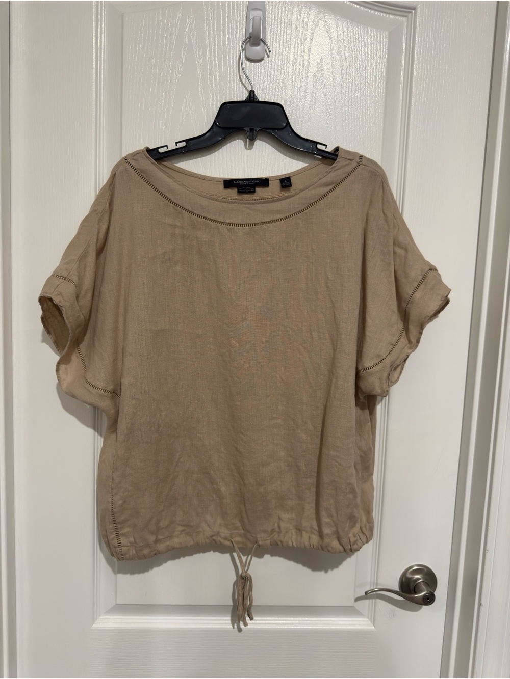 Marc New York Short-Sleeve Drawstring Top in Beige Linen